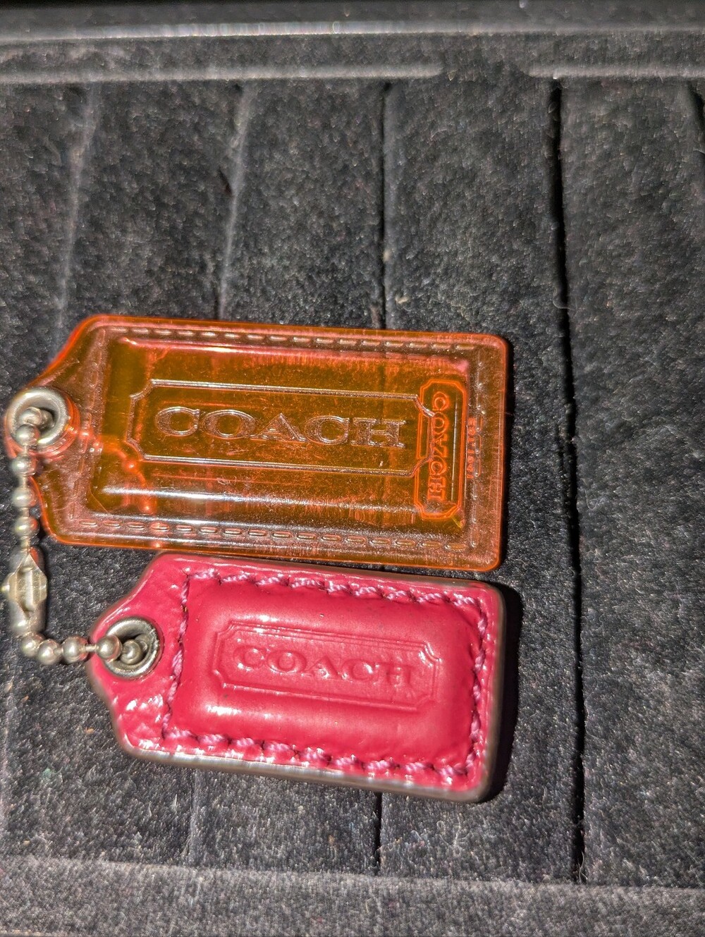 Coach Two-Tag Keychain in Pink Leather and Orange Acrylic